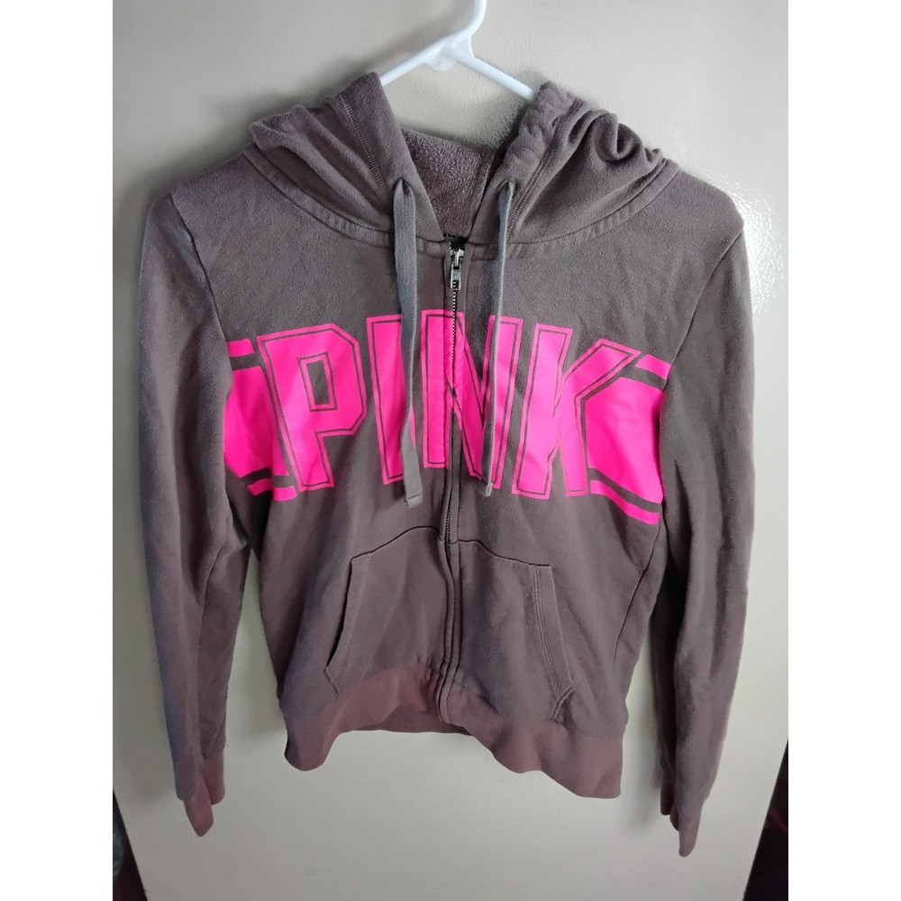 Victoria's Secret PINK Full Zip Hoodie Mauve Brown Neon Pink Logo Sweatshirt S